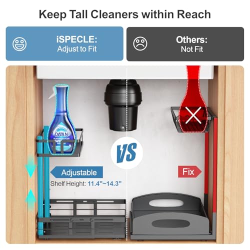 iSPECLE Under Kitchen Sink Organizer, 2 Pack L-Shaped Height Adjustable Pull-Out Cabinet Organizer for Center-Mounted Garbage Disposal & Plumbing, Heavy-Duty Sliding for 30-36 Inch Wide Sink Cabinets - color: Two Black, size: Under Sink