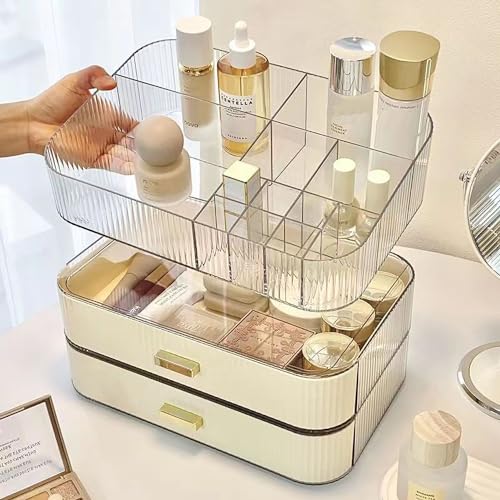 MIUOPUR Stackable Makeup Organizer Drawers, Bathroom Vanity Organizers and Storage, Ideal for Desk and Dresser Countertops, Great for Cosmetics, Skincare, Lipsticks, Nail Care, Cream - color: Cream, size: Drawer Only