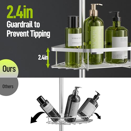 LAMU Shower Caddy Corner Tension Pole, Stainless Steel Shower Organizer, Strong Spring, 5 Adhesive Pads, 2.4 in Non-Slip Grid Base, Adjustable 4-Tier Basket, 4 Hooks, Fits Heights 37.8-124 in, Silver
