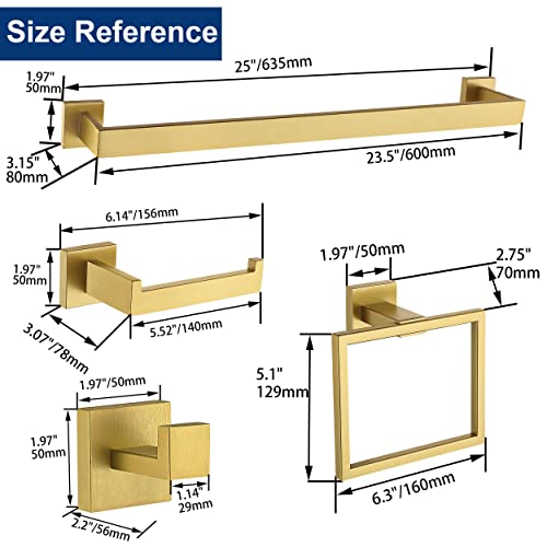 5 Pieces Bathroom Hardware Accessories Set Brushed Gold, 16Inch Bathroom Towel Rack Set SUS304 Stainless Steel, Square Bath Towel bar Set Heavy Duty, Wall Mounted - color: Brushed Gold, size: 16" 5pcs