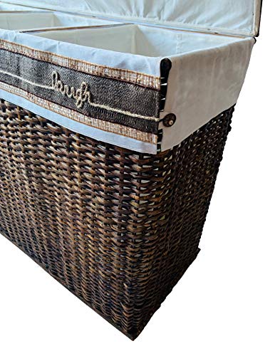 Handcrafted Wicker Oversized 3 Section Divided Laundry Hamper Sorter and Organizer Handwoven Rattan Basket with Lid, Cloth Liner and Coconut Buttons, Jute Rope, and Raffia Weave Accent