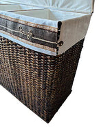 Handcrafted Wicker Oversized 3 Section Divided Laundry Hamper Sorter and Organizer Handwoven Rattan Basket with Lid, Cloth Liner and Coconut Buttons, Jute Rope, and Raffia Weave Accent