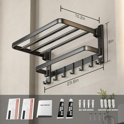 VOLDRA Towel Racks for Bathroom, 24-Inch Towel Shelf with Towel Bar Foldable Towel Holder with 7 Hooks Towel Storage Organizer for Bathroom & Lavatory Wall Mounted(Matte Black) - color: Matte Black, size: Extra 1 towel bar