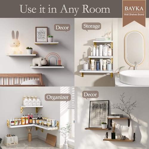 BAYKA Wall Shelves for Bedroom Decor, Floating Wall Shelves for Living Room Kitchen Storage, Wall Mounted Rustic Wood Shelves for Kids Books,Corner Shelves for Bathroom(White and Gold，Set of 3) - color: B. White Board & Gold Brackets, size: 16-inch Mixed