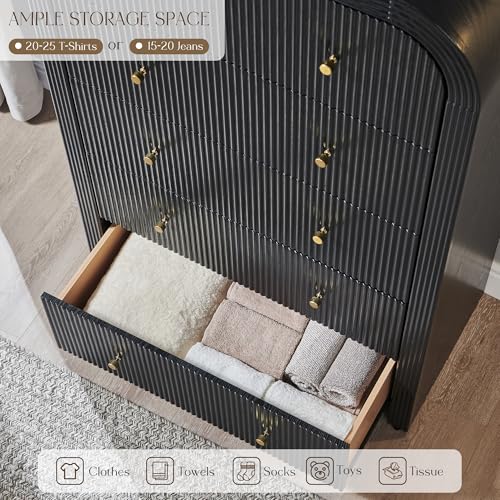 T4TREAM Fluted 5 Drawers Dresser, 48" Tall Modern Chest of Drawers with Thickened Curved Profile Design, Wood Closet Clothes Storage Organizer for Bedroom, Living Room, Hallway, Black Oak - color: Black Oak, size: 15.7"D x 31.5"W x 47.6"H (5 Drawers)