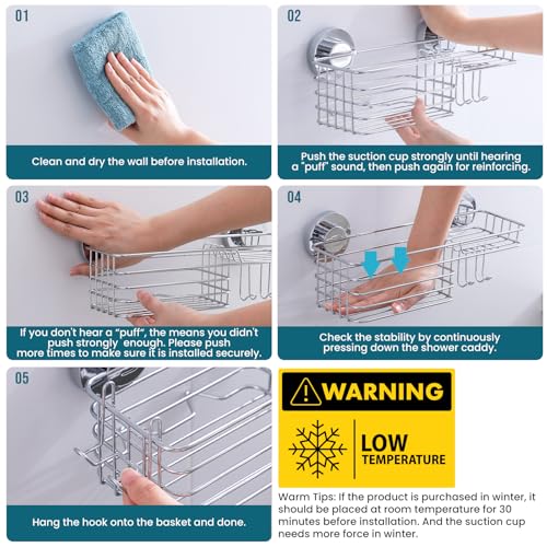 TAILI Shower Caddy Suction Cup with Hooks & Soap Holder, Heavy Duty Bathroom Shower Organizers, Removable Bathroom Shelves for Inside,Stainless Steel Bathroom Holder - style: 1 × Silver Basket