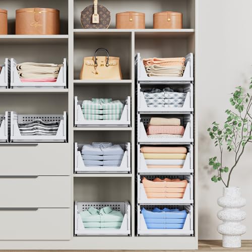 4 Pack Stackable Closet Storage Basket - Stackable Storage Bins, Multifunctional & Foldable Closet Organizer Divided, Wardrobe Cupboard Space-Saving Clothes Storage Hat Organizer, White - size: 4 Pack White