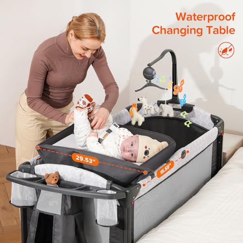 ELEMARA 4 in 1 Baby Bassinet Bedside Crib with Diaper Changer, Mattress, 1-Second Set up Bedside Bassinet with 3 Adjustable Height, Portable Crib with Storage/Toy Bar/Zip Door - style: 4 in 1 Baby Bassinet