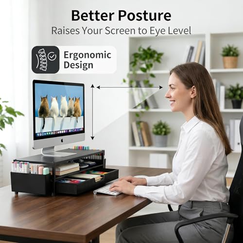 ECOLOVI Desk Organizer and Accessories, 2-Tier Computer Monitor Stand Rise with Storage Drawer & 2 Pen Holders, Laptop & Printer Stand for Desktop, Workspace Organizers for Office Supplies (Black) - color: Black