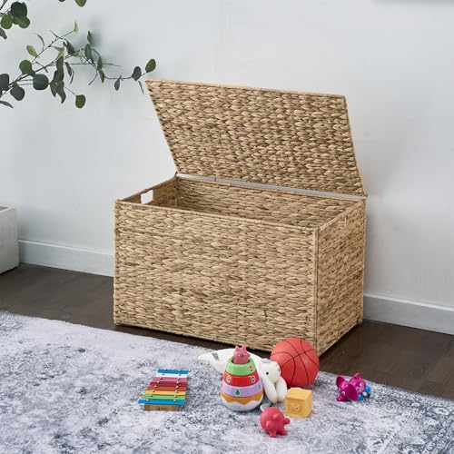 Water Hyacinth Storage Basket with Lid, 27.7 Gallon (105L) Blanket Storage Basket with Handles, Woven Storage Bin, Foldable, Metal Frame, for Bedroom, Laundry Room, Natural - color: Natural, size: 105 L:15.7 x 26 x 15.7 Inches