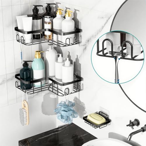 Moforoco Corner Shower Caddy Shelf Organizer Rack, Self Adhesive Black Bathroom Shelves Basket, Home Wall Shower Inside Organization and Storage Decor RV Accessories, First Apartment Essentials - color: Black