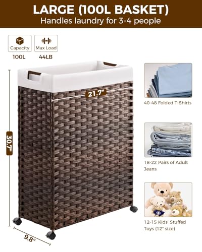 Greenstell Laundry Hamper with Wheels & Handles, 26.4 Gallon (100L) Slim Laundry Basket with 2 Removable Liner Bags & 2 Mesh Bags, Foldable Narrow Clothes Hamper for Bedroom, Bathroom, Closet, Brown - color: Brown, size: 100L (21.7 x 9.8 x 30.7 inches)