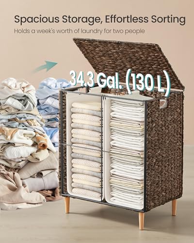 SONGMICS Laundry Hamper 2 Sections, 34.3 Gal. (130 L) Handwoven Water Hyacinth Wicker Laundry Basket with Lid, Natural Material, Removable Machine Washable Liners, Handles, Espresso ULCB202K01 - color: Espresso, size: 130 L (Handwoven)