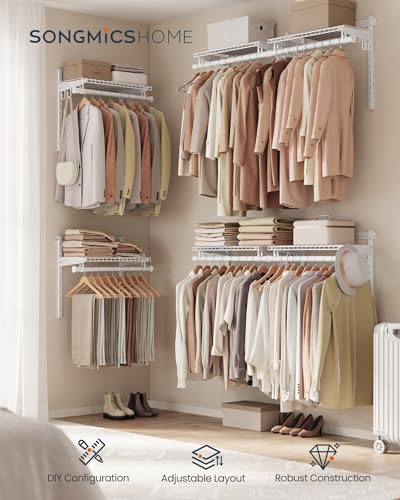 SONGMICS HOME Closet System, Closet Insert Organizer, 4-6 ft, Adjustable Metal Shelving Unit with 6 Hanging Rods, 6 Shelves, and Hooks, for Pantry Mudroom Garage Basement, Cloud White URGR032W01 - size: 3 Tier