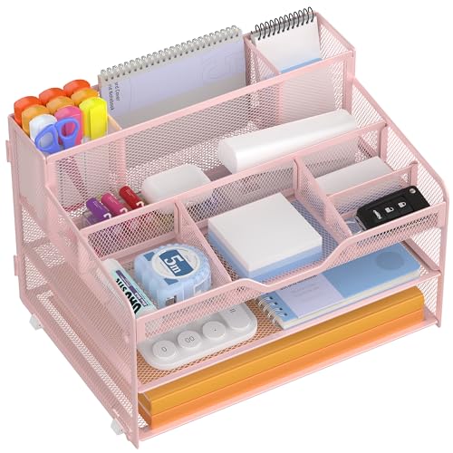 Docnest 3 Tier Mesh Desk Organizer for Paper Office Supplies – Multi-Functional Letter Tray with 5 Adjustable Compartments, 3 Pen Holders, Desktop Storage for Files, Mail, Stationery – Pink - color: Pink, size: 12.7" x 9.1" x 8.6"