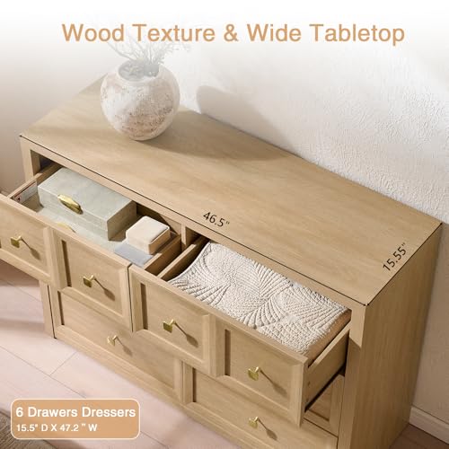6 Drawers Dresser for Bedroom-46.5" Wide Wooden Chest of Drawers with Large Storage, Long Dresser TV Stand with Drawers, Farmhouse Closet Dressers for Living Room Bedroom, Natural - color: Natural Oak, size: 15.5"D x 46.5"W x 33.6"H (6 Drawers)