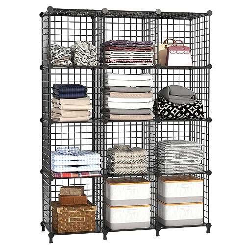 AWTATOS Wire Cube Storage Organizer, Closet Organizers and Storage, Metal 12 Cube Storage Shelves Bookshelf, Portable Closet Clothes Organizer for Bedroom, Home, Office, Black - color: Black, size: 12 Cube(30x30cm)