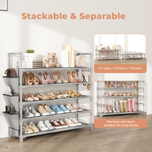 5 Tier Shoe Rack, Shoe Organizer Storage for 20-25 Pair Boot and Sneaker, Stackable Free Standing Shoe Shelf with Hooks and Side Pocket, Space Saving Shoes Rack for Closet, Entryway, Grey - color: Grey, size: 33.3"W - 5 Tier