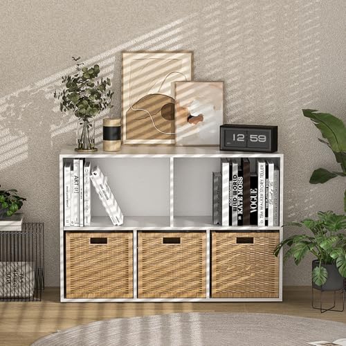 Wooden 5 Cube Storage Organizer with Closed Back Panel,White Cube Shelf Cubby Storage Organizer with Compartments for Living,Bookshelf, Easy to Install (White, 5 Cube-11in) - color: White, size: 5 Cube-11in