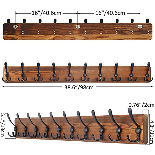 SKOLOO Rustic Large Coat Rack Wall Mount-38.6'' Long Coat Rack for Wall, Wood Coat Rack Hook, Farmhouse Coat Hanger Wall Mount for Hanging Jacket Coat - color: Brown Plate & Black Hook, size: 1 Item-10 Hooks