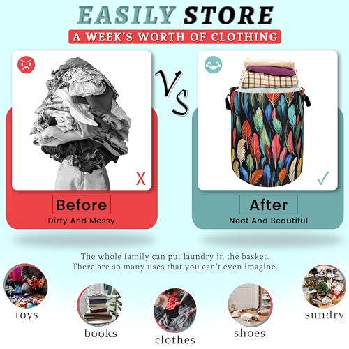 Feathers Laundry Basket Foldable With Handles Funny Tote Bag Oxford Cloth Colorful Feather Laundry Hamper Clothes Storage Bucket Toy Organizer For Bathroom/Laundry/Bedroom 18.9" x 16.5 " - color: Colorful Feathers