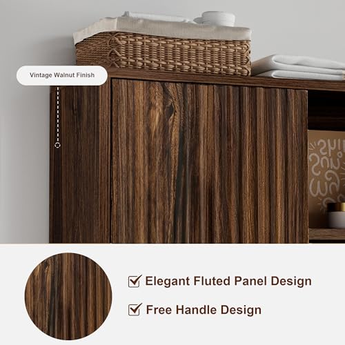 Farmhouse Bathroom Wall Cabinet Fluted,Medicine Cabinet Over The Toilet Storage Cabinet with Adjustable Shelf, Wood Wall Mounted Storage Cabinet Organizer 23.2Wx24Hx7.6D (Dark Walnut, Medium) - color: Dark Walnut, size: Medium
