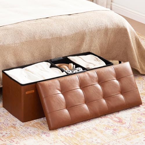 HAUSFRAU 31.5 Inches Ottoman with Storage, Folding Ottoman Bench Small Foot Rest Stool, Bedroom Bench with Flipping Lid, Faux Leather Retro Brown - color: Retro Brown, size: 13"D x 31.5"W x 13"H