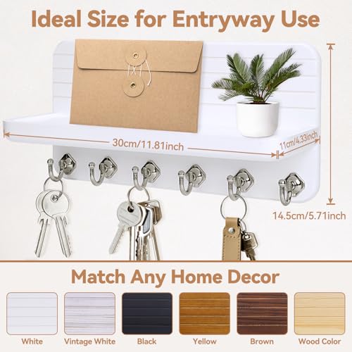 Key Holder for Wall, Mail Organizer Wall Mount with 6 Hooks Wooden Hanging Key Rack for Home Decor, Hallway, Entryway (White) - color: White