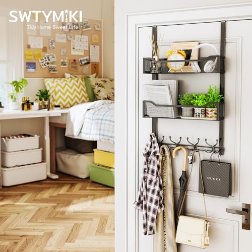 SWTYMIKI Over The Door Hooks Organizer - Multi-Functional Door Hanger with 16 Hooks & 2 Mesh Baskets, Long Coat Rack for Bathroom, Bedroom, Living Room, Home Storage Organizer, Black - color: Black