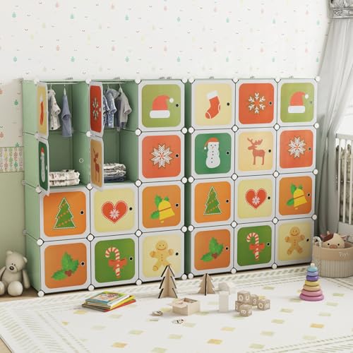 HONEY JOY Kids Wardrobe Closet, Baby Cartoon Clothes Storage Organizer, 12 Cubes & 2 Hanging Sections, Portable Children DIY Modular Bedroom Armoire Dresser Cabinet for Boys Girls (Green) - color: Green, size: 12-Cube