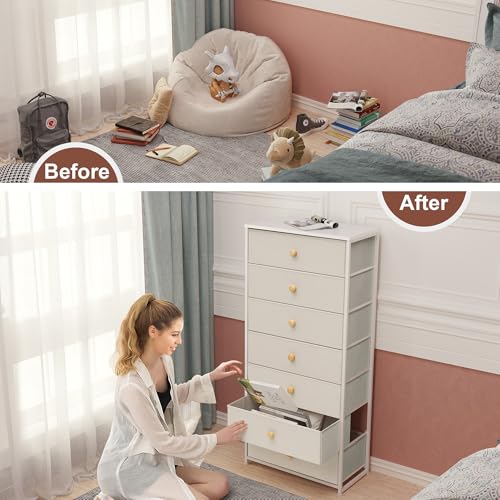 Crestlive Products Tall Dresser, 7-Drawer Wide Fabirc Storage Tower, Chests of Drawers - Vertical Organizer Unit for Bedroom, Hallway, Entryway, Nursery, Wood Top, Closets with Handles (Beige) - color: Beige, style: Wide-7 Drawers
