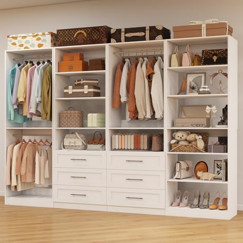 Closet System with 4 Sets, 8-21FT Closet Organizer Systems with 6 Drawers & 7 Hanging Rods & Adjustable Shelves, Walk in Closet Standalone Closet System Modular Closet System Set White