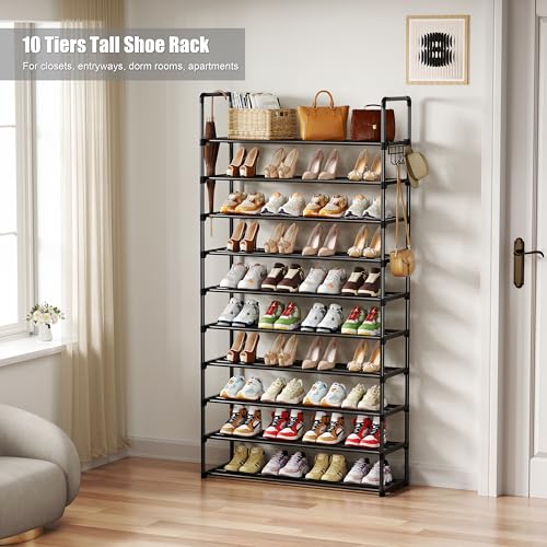 Shoe Rack, 10 Tier Shoe Storage Organizer with Hooks,Fit 40-45 Pairs Shoes,Metal Tall Shoe Shelf for Closet,Entryway, Hallway,Garage,Bedroom,Cloakroom - color: Metal, size: X-Large