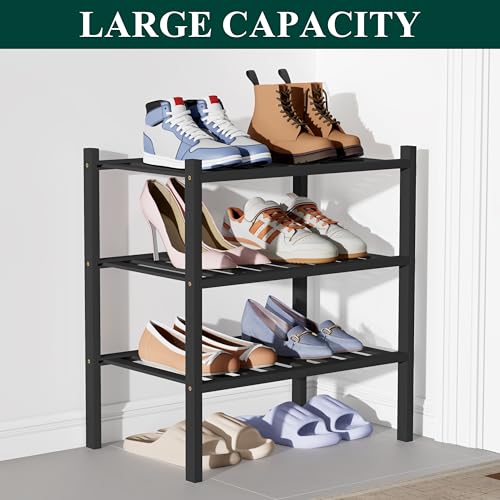 Smiry Bamboo Shoe Rack for Closet, 3 Tier Small Wooden Stackable Shoe Organizer, Free Standing Shoes Storage Shelf for Entryway, Front Door Entrance, Black - color: Black, size: 3 Tier - Small
