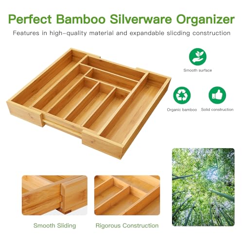 Pipishell Bamboo Expandable Drawer Organizer for Utensils Holder, Adjustable Cutlery Tray, Wood Drawer Dividers Organizer for Silverware, Flatware, Knives in Kitchen, Bedroom, Living Room(M-N) - color: Natural, size: Medium