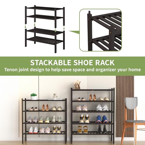 ROMGUAR CRAFT 4 Tier (Thick) Bamboo Shoe Rack for Closet Free Standing Wood Shoe Shelf for Entryway Small Space Stackable 27"x12"x28" (Black Brown) - color: Brown, size: 4 Tier(Thick)