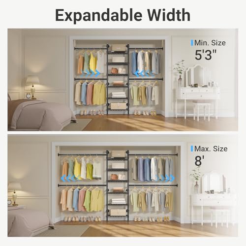 Timate S3X Medium Expandable Wall Mounted Closet System, Heavy Duty Clothes Rack with 6 Adjustable Metal Shelves & 4 Hanger Rods, Closet Organizers and Storage Fits Spaces 5'3"- 8', Black - color: Black, size: S3X Medium