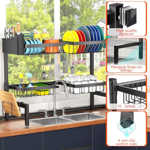 YKLSLH 4 Baskets Over The Sink Dish Drying Rack, Extendable Large Capacity Sink Rack, Metal Drying Rack Saving Space,for Most Sinks (26.57"-35") - color: Black, size: 2 tiers 4 baskets