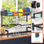 YKLSLH 4 Baskets Over The Sink Dish Drying Rack, Extendable Large Capacity Sink Rack, Metal Drying Rack Saving Space,for Most Sinks (26.57"-35") - color: Black, size: 2 tiers 4 baskets