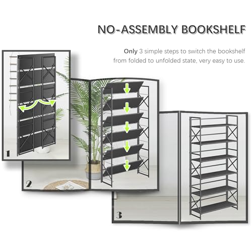 4NM Extra Wide 6 Tiers No Assembly Book Shelves, 61.8" H Folding Bookshelf Bookcase Open Industrial Foldable Shelves for Bedroom, Living Room, Home Office - All Black - color: All Black, size: Wide XX 6-Tier
