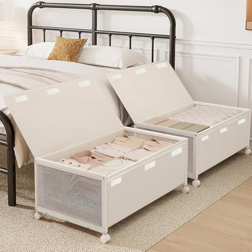 2 Pack Under the Bed Storage Containers,12 inch Height Under Bed Shoe Storage,31inch Long Underbed Storage with Wheels,Large Rolling under bed Clothes Storage Drawers with Lid for Dorm Tall,Ivory - color: Ivory, size: 2PC (31"Lx17"Wx12"H)