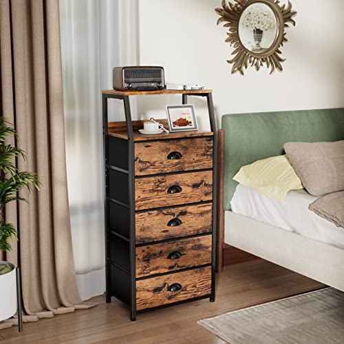 Furnulem Tall 5 Drawers Dresser, Vertical Storage Tower Fabric Dresser for Bedroom, Hallway, Entryway, Nursery, Closet Organizer, Nightstand Bedside Table Furniture, Sturdy Steel Frame, Wood Top - color: Rustic Brown, style: 5 Drawers