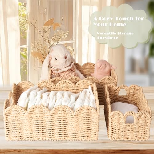 Scalloped Wicker Baskets, Set of 3 Hand-Woven Storage Baskets with Handles - Paper Rope Shelf Organizers & Decorative Baskets for Shelves, Closet, Bathroom (Beige） - color: Beige