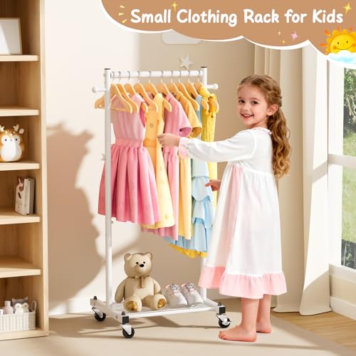 MISSLO Kids Clothing Rack for Small Space Kids Dress Up Storage with Shelf Short Baby Clothes Rack for Hanging Clothes & Dance Costumes Small Garment Rack for Closet, Wardrobe, White - color: White