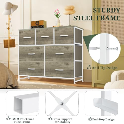 7-Drawer Dresser for Bedroom, Anti-Tip Wide Storage Organizer Fabric Chest of Drawers TV Stand for 45" TV with Wooden Top and Metal Frame for Closet, Living Room, Hallway, Entryway, Greige Oak - color: Greige Oak, size: 11.8"D x 39.3"W x 30.3"H (7 Drawers