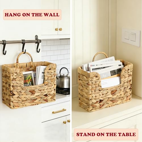 Hanging Magazine Basket, Woven Wall Magazine Holder Organizer with Handle for Mail, Files, Books - Water Hyacinth Farmhouse Storage Rack for Bathroom, Kitchen, Office - color: Water Hyacinth