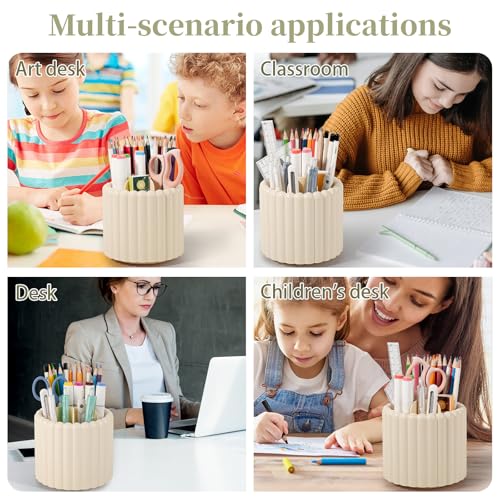 Anyoifax 360° Rotating Pen Holder 7 Slots Desk Organizer Removable Pencil Cup Plastic Art Supplies and Accessories Desktop Storage Box Caddy for Office, School, Home (Beige) - style: Stripe Beige