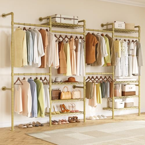 ONBRILL H4 Wall Mounted Closet System, Expandable Industrial Pipe Clothes Rack Clothing Rack for Hanging Clothes, Heavy Duty Closet Organizers and Storage in Wardrobe Closet - Gold - color: Gold