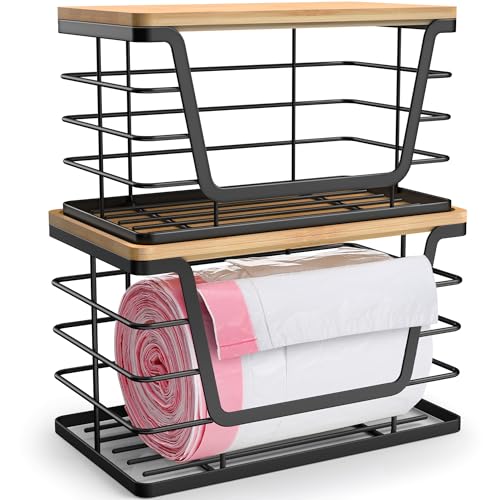 ALOCEO 2 Pack Storage Stackable Kitchen Laundry Organizers with Bamboo Top, Large Trash Bag Holder and Small Garbage Bag Dispenser for Countertop Organization - color: 2-pack - L&s Black