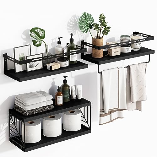 Fixwal 3+1 Tier Wall Mounted Bathroom Shelves Over Toilet, Rustic Wood Floating Shelves with Metal Frame and Towel Bar for Bathroom, Kitchen, Bedroom, Living Room (Black) - color: 5-black